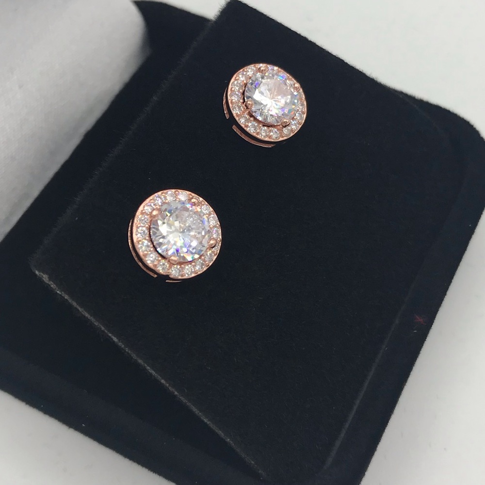 Rose Gold Halo Stud Earrings in Sterling Silver - Picture 2 of 8